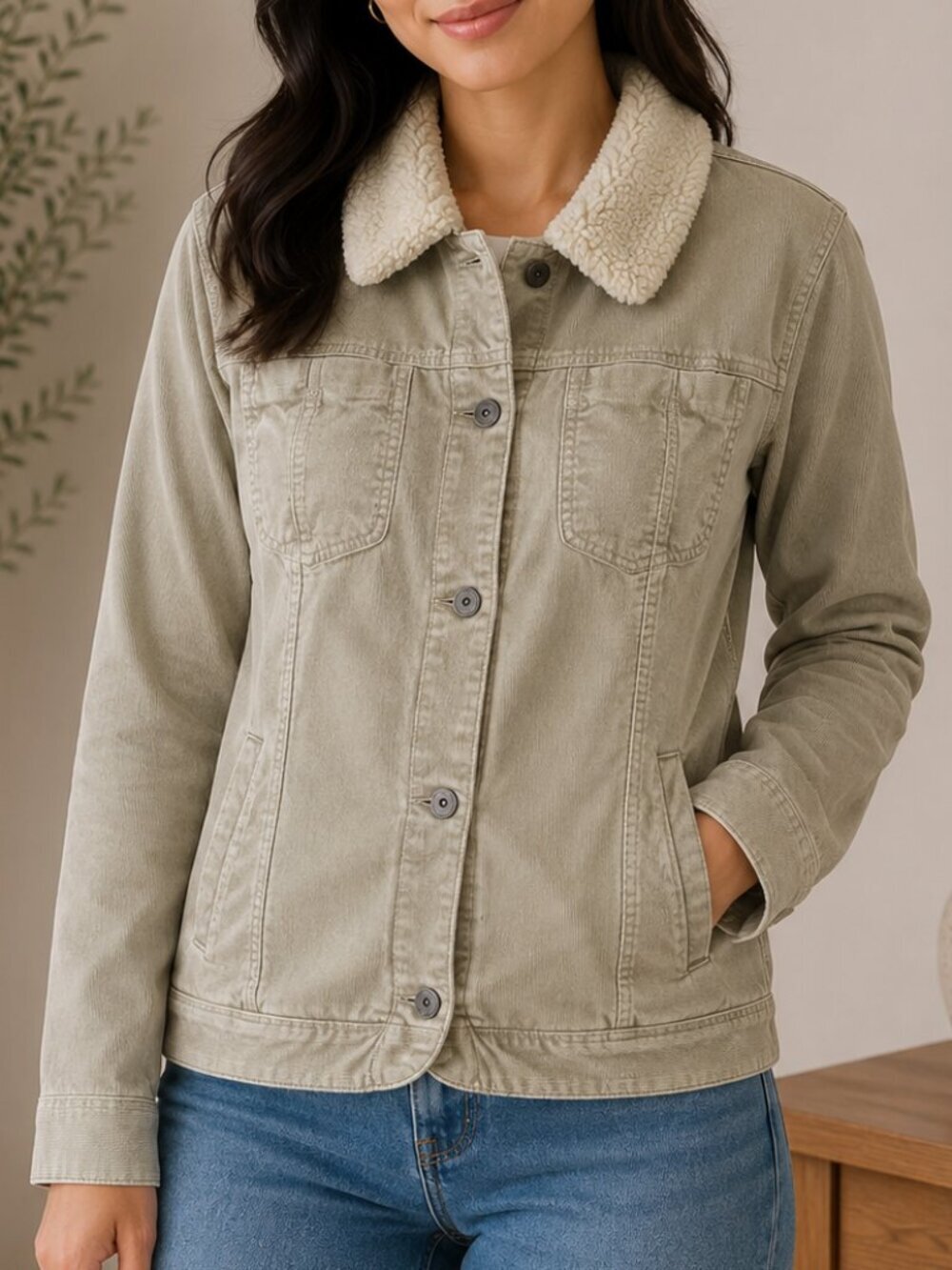 J. Jill Beige Bomber Jacket with Removable Faux Fur Soft Cream Collar